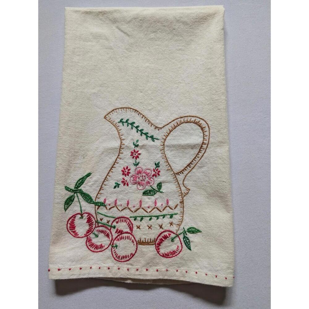 Jar & Fruit Embroidered Vintage Flour Sack Baking Towel Green & Pink Stitch